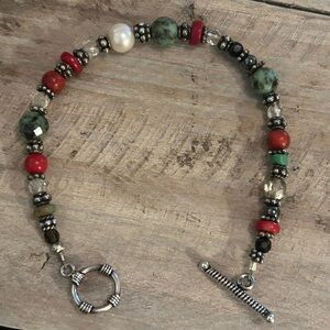 Sterling Silver, Turquoise, Coral, and Pearl Toggle Bracelet